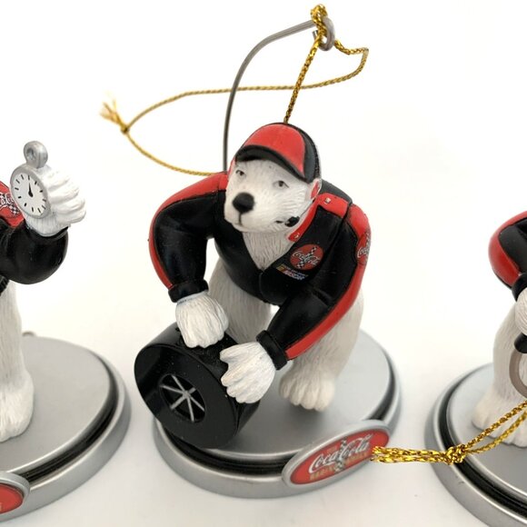 3 Coca-Cola NASCAR Polar Bear Pit Crew Xmas Ornaments Tire Wrench Boxes Vintage - Picture 4 of 10